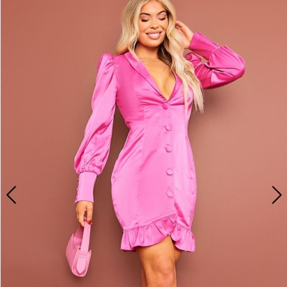 PLT Hot Pink Button Cuff Frill Hem Satin Blazer Dress 6 NEW